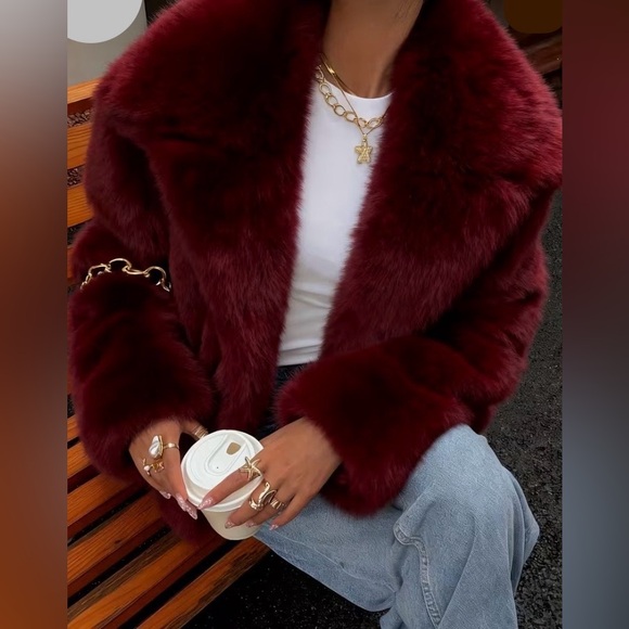 Women's Burgundy Faux Fur Jacket - Picture 5 of 10